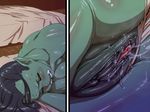  1boy 1girl bed breasts close-up eyes_closed fangs goblin green_skin monster monster_girl nezunezu orc pointy_ears pussy saliva sleeping uncensored 