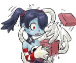  1girl blue_skin box detached_collar detached_sleeves hair_over_one_eye leviathan_(skullgirls) red_eyes side_ponytail sienna_contiello skull skullgirls squigly_(skullgirls) stitched_mouth striped_sleeves zombie 