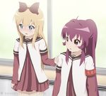  2girls ahoge blonde_hair blue_eyes blush bow hair_bow hair_intakes highres indoors multiple_girls novcel open_mouth ponytail purple_eyes purple_hair school_uniform serafuku shirt_tug sugiura_ayano toshinou_kyouko watermark window yuru_yuri 