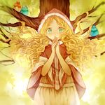  animal aqua_eyes bad_id bad_pixiv_id bird blonde_hair blurry hands_clasped hood hoodie koyuiko long_hair looking_at_viewer original own_hands_together tree 