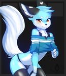  &lt;3 blue_fur bulge canine fox fur girly legwear looking_at_viewer male mammal midriff sir_kavalier solo standing thigh_highs thong yellow_eyes yuurikin 