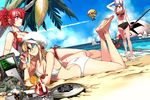  anklet barefoot bikini black_bikini blonde_hair cat chainsaw chainsaw_scythe crazy_straw daibajoujisan day drinking_straw earrings explosive eyepatch glass grenade hat highres hoop_earrings jewelry looking_at_viewer lying mine_(weapon) multiple_girls nail_polish ocean on_stomach original palm_tree red_hair scythe side-tie_bikini smile swimsuit tentacles tree tropical_drink white_bikini 