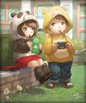  1girl animal_costume artist_name bad_id bad_pixiv_id bear box brown_eyes brown_hair child day denim eating flower flower_pot food grass handheld_game_console hood hoodie jeans kneehighs lost_elle mouth_hold original outdoors panda pants playing playstation_portable pocky shoes sitting skirt smile sneakers socks stuffed_animal stuffed_toy 