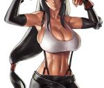  black_hair breasts cleavage colorized crop_top detached_sleeves eu03 final_fantasy final_fantasy_vii flexing head_out_of_frame large_breasts long_hair midriff navel pose shiny shiny_skin shirt sideboob skindentation slender_waist solo strap_gap suspenders taut_clothes taut_shirt tifa_lockhart toned upper_body very_long_hair 