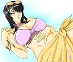  bangs bare_shoulders bikini black_hair blue_eyes blush bracelet breasts cleavage collarbone dutch_angle fingernails fringe glasses glasses_on_head groin halterneck high_resolution highres jewelry kagami kagami_hirotaka large_breasts lips long_hair looking_at_viewer lowleg midriff nail navel nico_robin one_piece parted_lips revealing_clothes sarong shiny shiny_hair side_slit skirt solo sunglasses sunglasses_on_head swimsuit yellow_skirt 
