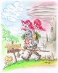  armor carrying crossover cute dark_souls deathcutlet english_text equine female feral friends friendship_is_magic greaves happy helmet horse human male mammal my_little_pony pinkie_pie_(mlp) pony scabbard sign signature smile solaire_of_astora solarie_of_astora sword text traditional_media walking weapon 