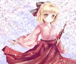  blonde_hair blush bow brown_eyes cherry_blossoms fate_(series) hair_bow hakama half_updo highres japanese_clothes katana kimono koha-ace okita_souji_(fate) okita_souji_(fate)_(all) purple_hakama red_hakama sheath sheathed shinonome86 solo sword weapon 