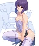  bare_shoulders bustier fingerless_gloves ghost_in_the_shell ghost_in_the_shell_stand_alone_complex gloves katsuoboshi kusanagi_motoko leotard looking_at_viewer purple_hair purple_legwear red_eyes short_hair solo tachikoma thighhighs 