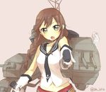  :o anchor_symbol bare_shoulders braid brown_hair cannon gloves green_eyes kantai_collection long_hair looking_at_viewer machinery midriff navel necktie no_nose noshiro_(kantai_collection) sa_ioio solo turret twin_braids twitter_username v-shaped_eyebrows white_gloves 