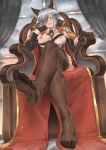  1girl animal_ears blush feet freesia_von_bismarck glasses granblue_fantasy hair_over_one_eye head_rest legs_crossed looking_at_viewer nipples no_shoes one_breast_out parted_lips pov pov_feet sheer_legwear silver_eyes silver_hair smile soles throne 