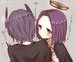  black_gloves blush cardigan from_behind gloves grey_background heart kantai_collection mechanical_halo multiple_girls no_nose purple_eyes purple_hair sa_ioio short_hair surprised tatsuta_(kantai_collection) tenryuu_(kantai_collection) twitter_username upper_body yuri 