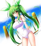  alternate_hairstyle blush breasts frog_hair_ornament gohei green_hair hair_ornament hair_ribbon kochiya_sanae large_breasts long_hair looking_at_viewer one-piece_swimsuit osashin_(osada) ribbon rope school_swimsuit shimenawa snake_hair_ornament solo sweatdrop swimsuit touhou twintails very_long_hair white_swimsuit yellow_eyes 