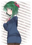  ass commentary contemporary dress_shirt formal green_eyes green_hair hair_ribbon hammer_(sunset_beach) jacket looking_at_viewer necktie no_hat no_headwear pantyhose papers pencil_skirt ribbon shiki_eiki shirt short_hair skirt skirt_suit solo suit touhou 