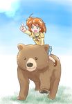  :d animal bear cloud day fresh_precure! gradient gradient_background grass hair_ornament hair_ribbon non-web_source open_mouth orange_eyes orange_hair out_(outsider) pointing ponytail precure ribbon riding shirt short_hair side_ponytail sketch skirt sky smile solo v-shaped_eyebrows yamabuki_inori 