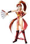  90s breasts fatal_fury large_breasts long_hair looking_at_viewer official_art oobari_masami panties pelvic_curtain ponytail red_hair revealing_clothes shiranui_mai sideboob simple_background smile the_king_of_fighters thong toned underwear very_long_hair 