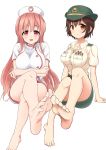  2girls barefoot blush breasts brown_eyes brown_hair crossed_arms feet highres large_breasts legs_crossed long_hair looking_at_viewer military military_uniform multiple_girls nurse parted_lips pink_eyes pink_hair pov pov_feet sitting smile soles toes transparent_background uniform 