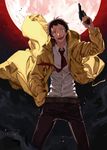  adachi_tooru bad_id bad_pixiv_id brown_eyes brown_hair fukusa full_moon gun hand_in_pocket handgun male_focus moon necktie open_mouth persona persona_4 persona_4:_the_ultimate_in_mayonaka_arena persona_4:_the_ultimax_ultra_suplex_hold raincoat revolver solo spoilers trigger_discipline weapon 