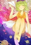 bad_id bad_pixiv_id bare_legs blush breasts cleavage goggles goggles_on_head green_eyes green_hair gumi heart holding koyuiko medium_breasts paper_airplane parted_lips planet short_hair solo vocaloid 
