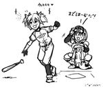  :d baseball_bat baseball_mitt baseball_uniform clenched_hand gloves greyscale hair_ornament hair_ribbon hairclip kaname_madoka kyubey looking_at_another mahou_shoujo_madoka_magica miki_sayaka monochrome multiple_girls open_mouth pun ribbon running short_twintails silverxp smile sparkle sportswear squatting sweatdrop translated twintails umpire 