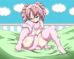  1boy androgynous blue_eyes blush bulge cloud clouds cocco collar diaper drill_hair gloves headdress naughty_face pink_gloves pink_hair pink_legwear sitting solo trap wall 