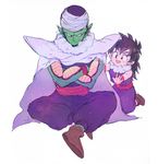  :d black_hair cape crossed_arms dragon_ball dragon_ball_z green_skin hat indian_style kneeling looking_at_another male_focus multiple_boys open_mouth piccolo pointy_ears simple_background sitting smile son_gohan turban wakame_(poly6) white_background wristband younger 