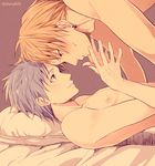  :t adam's_apple arched_back blonde_hair blue_eyes blush brown_background earrings eye_contact face-to-face forehead-to-forehead jewelry kise_ryouta kuroko_no_basuke kuroko_tetsuya looking_at_another lying male_focus mashima_shima multiple_boys nipples nude on_back pillow pout profile simple_background smile sweat yaoi 