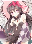  aibumi akemi_homura akuma_homura argyle argyle_legwear bad_id bad_pixiv_id bangs bare_shoulders black_dress black_gloves black_hair blush bow breasts choker dress elbow_gloves eyebrows_visible_through_hair feathered_wings gloves hair_between_eyes hair_bobbles hair_bow hair_ornament jewelry long_hair looking_at_viewer mahou_shoujo_madoka_magica mahou_shoujo_madoka_magica_movie pendant pink_background purple_eyes revealing_clothes simple_background small_breasts smile solo spoilers spread_legs thighhighs very_long_hair wings zettai_ryouiki 