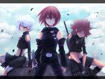  belt bird closed_eyes cloud day eyepatch inazuma_eleven inazuma_eleven_(series) katana kiyama_hiroto male_focus midriff multiple_boys nagumo_haruya navel open_mouth sakurapain6918 sitting standing suzuno_fuusuke sword weapon 