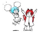  2girls :d :o armband arms_up blue_eyes cheerleader crossdressing full_body headband jumping long_hair looking_at_viewer lowres mahou_shoujo_madoka_magica miki_sayaka multiple_girls open_mouth ouendan pom_poms red_hair sakura_kyouko silverxp simple_background skirt smile spot_color standing v-shaped_eyebrows white_background 