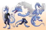  blue_skin claws clothed clothing dragon feral hair muscles open_mouth paws scalie smile standing teeth tongue torn_clothing transformation wings 