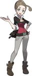 brown_hair full_body green_eyes highres official_art oomura_yuusuke open_mouth pansy_(pokemon) pants poke_ball pokemon pokemon_(game) pokemon_xy solo transparent_background 