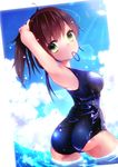  adjusting_hair ass brown_hair green_eyes mintsu_(ichi--kun) mouth_hold one-piece_swimsuit original ponytail rubber_band school_swimsuit shiny shiny_clothes short_hair solo standing swimsuit wet 
