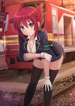  black_legwear blue_eyes blush breasts cleavage folded_ponytail gloves ground_vehicle hand_on_own_knee highres indonesia kazenokaze large_breasts leaning_forward looking_at_viewer rail_wars! red_hair sakurai_aoi smile solo thighhighs train uniform white_gloves 