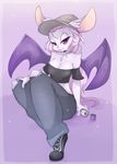  bat bat_wings cleavage clothed clothing coffeechicken female fur hair hat long_hair looking_at_viewer mammal pink_hair red_eyes shoes sitting solo white_fur wings 