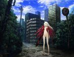  bad_id bad_pixiv_id barefoot blue_eyes highres nude one_eye_closed original panties post-apocalypse revision ruins scenery solo solru topless underwear white_hair yellow_eyes 