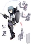  anchor_symbol character_name directional_arrow gloves hair_ornament highres holding kantai_collection long_hair mecha_musume ogawa_shou original sawarabi_(destroyer) short_sleeves simple_background solo thighhighs translated turret white_background yellow_eyes 