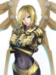  blonde_hair blue_eyes bodysuit crossed_arms highres kayle kumiko_shiba league_of_legends long_hair mechanical_wings navel skin_tight solo wings 