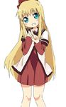  bad_id bad_pixiv_id blonde_hair blue_eyes dress grin hibimegane long_hair nanamori_school_uniform ribbon sailor_dress school_uniform serafuku smile solo toshinou_kyouko v very_long_hair yuru_yuri 