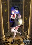  bad_id bad_pixiv_id black_footwear black_joa blue_hair bow finger_to_mouth hair_bow hat high_heels highres lantern one_eye_closed pillar shoes shushing smile solo thighhighs unleashed white_legwear 