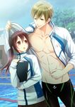  1girl bad_id bad_pixiv_id brown_hair chest clipboard e_sasaoka eye_contact free! green_eyes hand_up height_difference jacket long_hair looking_at_another matsuoka_gou open_clothes open_jacket ponytail pool rain red_eyes red_hair shared_clothes smile swimsuit tachibana_makoto 