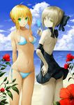  artoria_pendragon_(all) bad_id bad_pixiv_id bikini blonde_hair fate/stay_night fate_(series) green_eyes highres multiple_girls revision saber saber_alter solru swimsuit yellow_eyes 