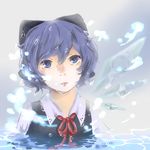  bad_id bad_pixiv_id blue_background blue_eyes blue_hair bow cirno expressionless gradient gradient_background hair_bow head_tilt lips looking_at_viewer lowres mokoiscat partially_submerged ribbon short_hair solo touhou water_drop wings 