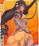  1girl ass back black_hair breasts brown_skin card_(medium) dark_skin female fringe garter_straps gauntlets green_eyes gun holding holding_weapon large_breasts lilith-soft long_hair looking_at_viewer looking_back miniskirt moon_wolf_(taimanin_asagi) native_american neropaso one_eye_closed panties pantyshot skirt solo taimanin_asagi taimanin_asagi_battle_arena tattoo underwear very_long_hair war_paint weapon wink 