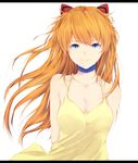  arms_behind_back blue_eyes breasts choker cleavage dress highres letterboxed light_smile long_hair looking_at_viewer marumoru medium_breasts neon_genesis_evangelion orange_hair simple_background solo souryuu_asuka_langley white_background yellow_dress 