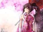  alternate_costume brown_eyes brown_hair cherry_blossoms dated gin'ichi_(akacia) hair_ornament holding japanese_clothes kantai_collection kimono long_hair petals ponytail red_umbrella smile solo twitter_username umbrella yamato_(kantai_collection) 