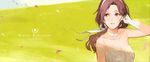  bare_shoulders breasts brown_eyes brown_hair character_name choker cleavage earrings ekao elbow_gloves gloves hair_ribbon hairband idolmaster idolmaster_cinderella_girls jewelry kawashima_mizuki long_hair looking_away medium_breasts parted_lips pendant ponytail ribbon smile solo white_gloves 