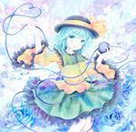  :o bad_id bad_pixiv_id blouse blue_flower blue_hair blue_rose floral_background floral_print flower frilled_skirt frilled_sleeves frills green_eyes hat hat_ribbon heart heart_of_string highres knees_together komeiji_koishi long_sleeves looking_at_viewer ribbon rose shino_(shinderera) short_hair skirt solo third_eye touhou 