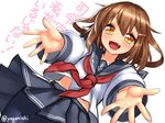  :d brown_hair fang hair_ornament hairclip ikazuchi_(kantai_collection) incoming_hug kantai_collection looking_at_viewer open_mouth outstretched_arms outstretched_hand pantyhose pleated_skirt school_uniform serafuku short_hair skirt smile solo translated twitter_username yapo_(croquis_side) yellow_eyes 