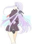  bangs blunt_bangs braid danganronpa danganronpa_1 gloves hair_ribbon jacket karuha kirigiri_kyouko long_hair necktie pleated_skirt purple_eyes purple_hair ribbon single_braid skirt smile solo very_long_hair 