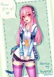 :d blush breasts english headphones hood hoodie hyanna-natsu large_breasts long_hair looking_at_viewer nitroplus open_mouth pink_eyes pink_hair pom_pom_(clothes) purple_legwear smile solo super_sonico thighhighs 